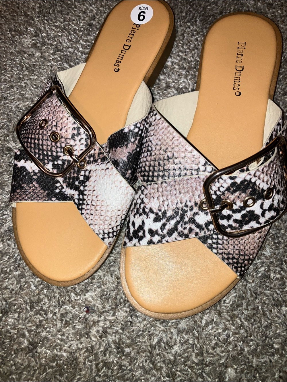 Pierre Dumas Beige and Black Snake-Print Slide Mules with Gold Buckle Size 6 - Picture 2 of 4